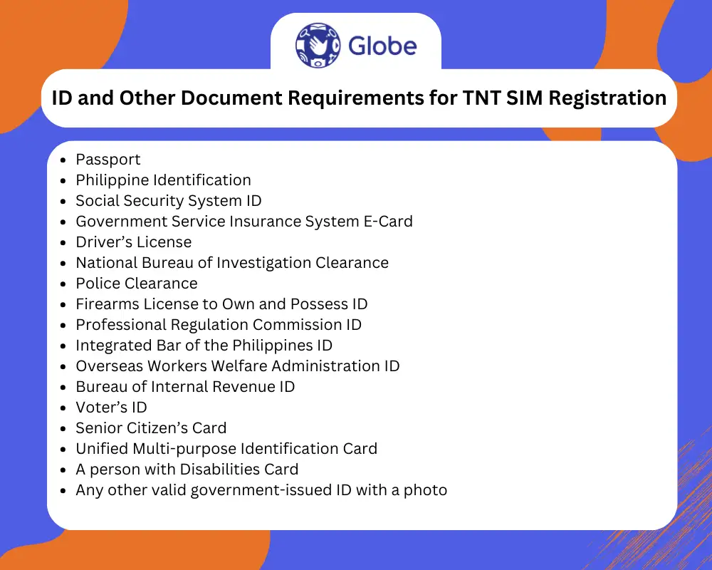 ID and Other Document Requirements for TNT SIM Registration Infographic